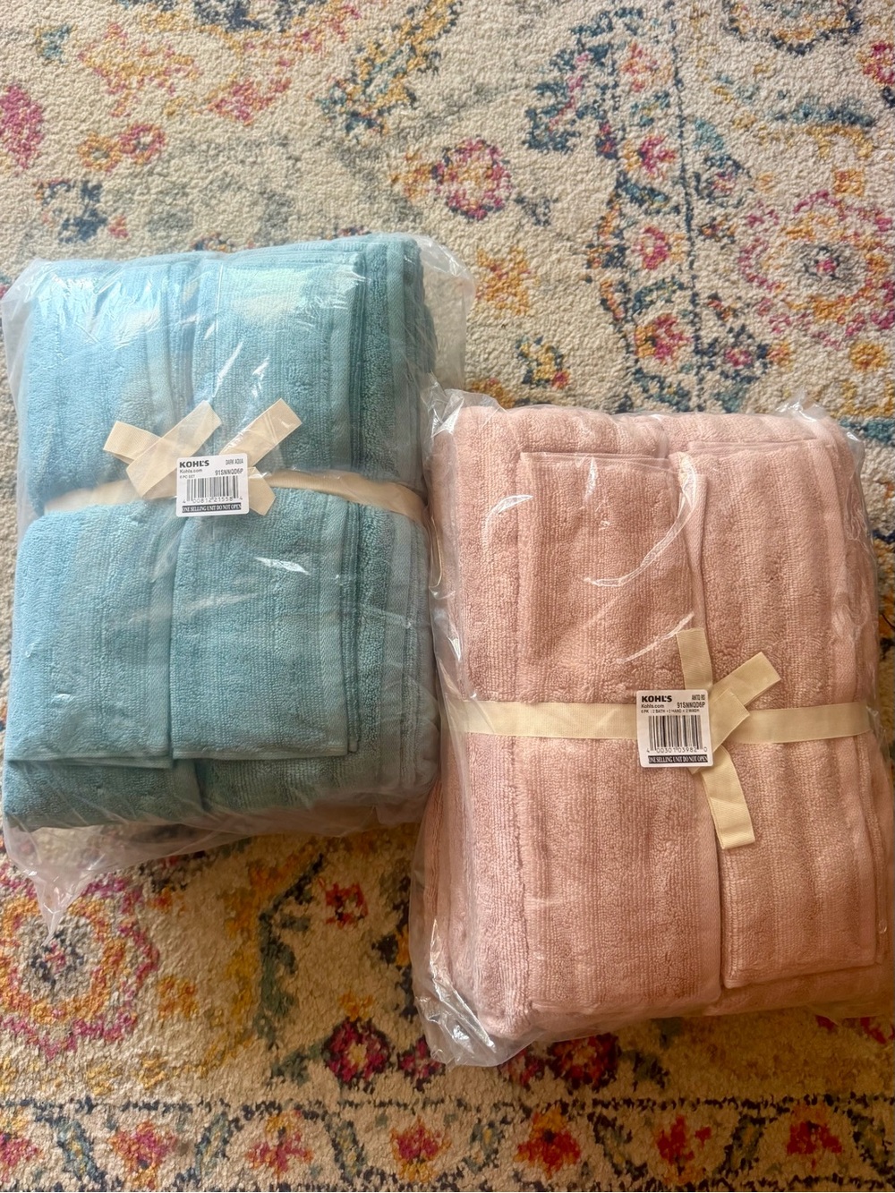 Kohl’s 6 Piece Towel Set 2 Bath+2 Hand+2 Wash In “Antique Rose” Pink & Aqua Blue
